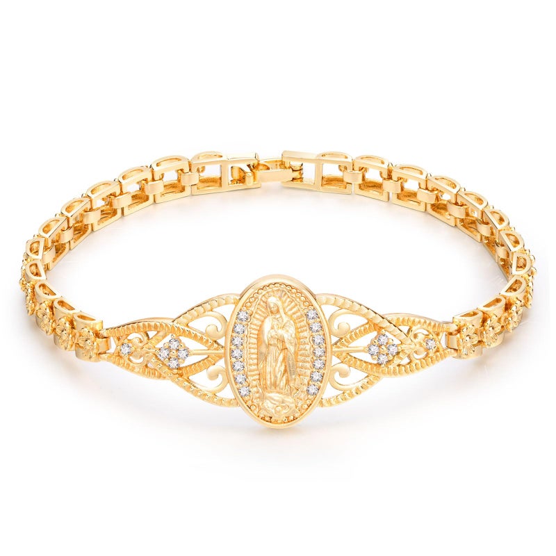XUANPAI Gold Catholic Bracelet for Women-14k Gold Plated Bracelet,Hypoallergenic Non Tarnish Trendy Jewelry,Dainty Stainless Steel Cubic Zirconia Religious Baptism Virgin Mary Bracelets Gifts for Mom - Image 1