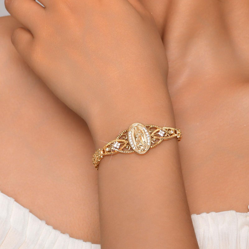 XUANPAI Gold Catholic Bracelet for Women-14k Gold Plated Bracelet,Hypoallergenic Non Tarnish Trendy Jewelry,Dainty Stainless Steel Cubic Zirconia Religious Baptism Virgin Mary Bracelets Gifts for Mom - Image 3