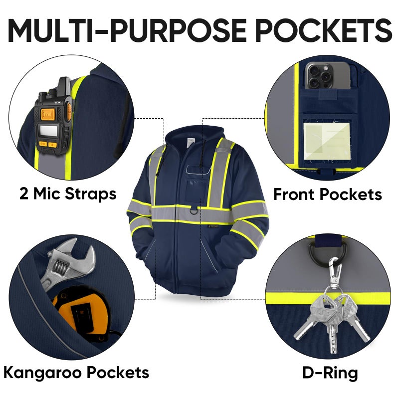 Ticonn High Visibility Safety Sweatshirt Hoodie  Reflective Hi-Vis Ansi Class 3 Fleece Zippered Hooded Jacket For Men And Women (Navy  2Xl) - Image 3