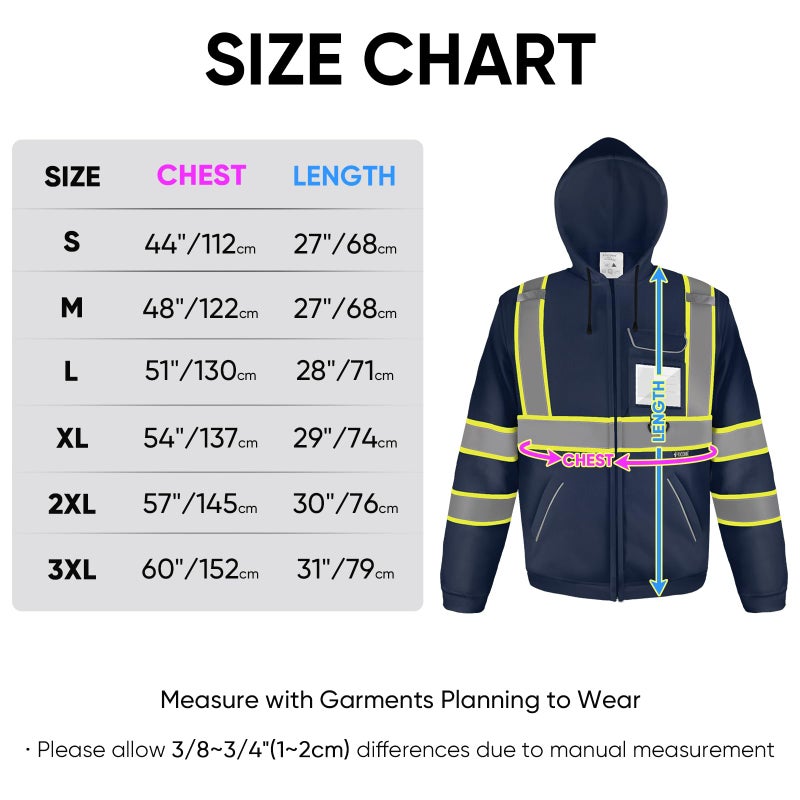 Ticonn High Visibility Safety Sweatshirt Hoodie  Reflective Hi-Vis Ansi Class 3 Fleece Zippered Hooded Jacket For Men And Women (Navy  2Xl) - Image 4