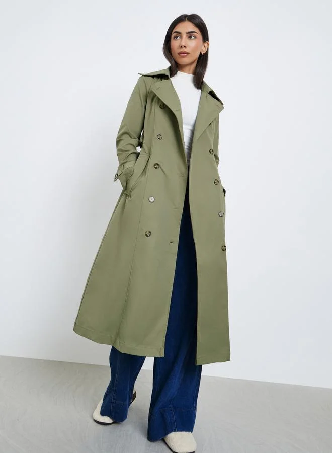 Styli Khaki Double Breasted Midi Trench Coat