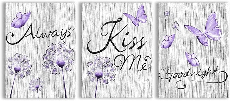 Kalormore Purple Dandelion Butterfly with Always Kiss Me Goodnight Painting Rustic Grey Wooden Textured Lavender Giclee Canvas Wall Art Decor - Image 1