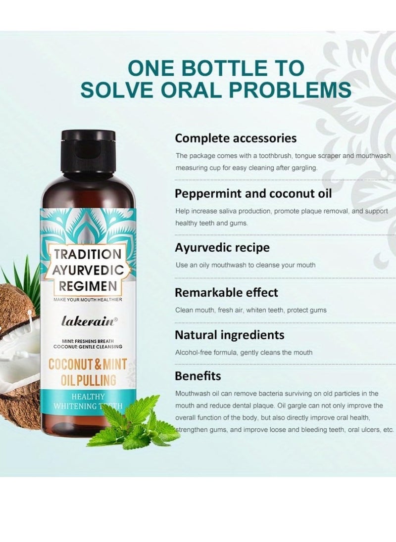 lakerain - 200ml Coconut Oil and Peppermint Oil Pulling Whitening Mouthwash Teeth Whitening Oil Pulling Mouthwash Natural Coconut Oil Pulling for Healthier Teeth and Gum Fresh Breath With 7 Natural Pulling Oil - Image 1