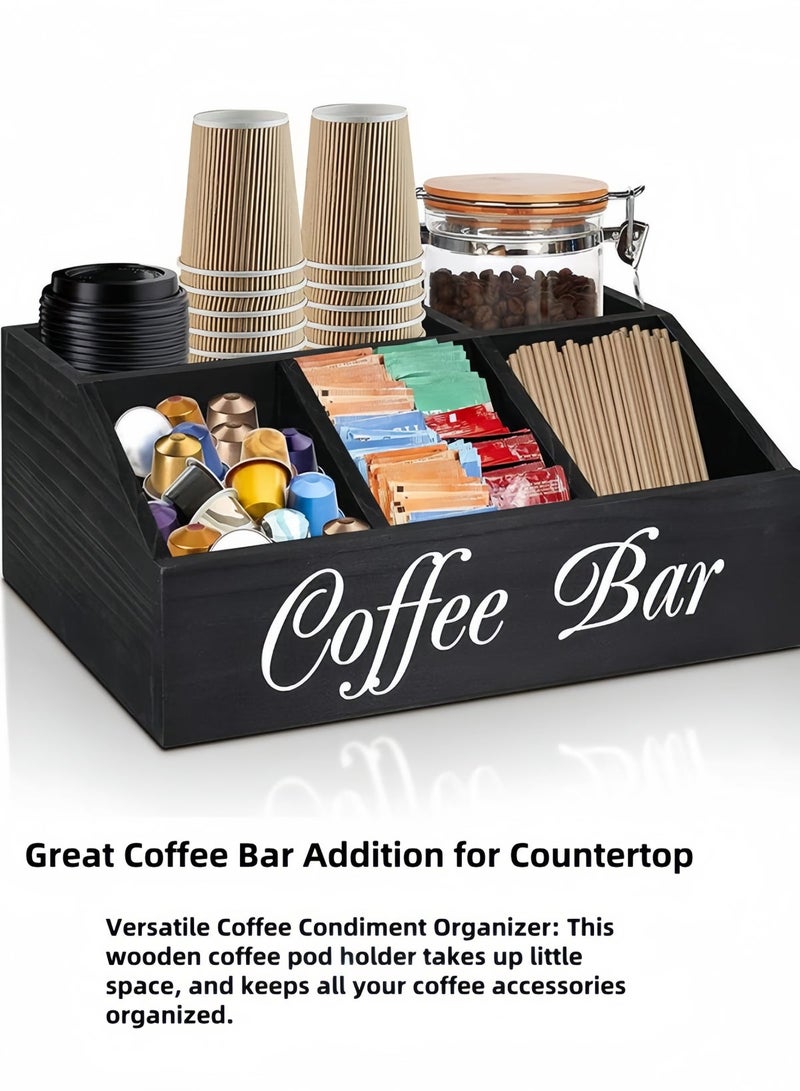 nihao Black Coffee Station Organizer for Counter, Wood Coffee Pods Holder Storage Basket, Coffee and Tea Condiment Storage Organizer, Rustic Coffee Bar Decor for Coffee Accessories Organizer - Image 3