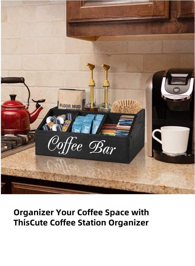 nihao Black Coffee Station Organizer for Counter, Wood Coffee Pods Holder Storage Basket, Coffee and Tea Condiment Storage Organizer, Rustic Coffee Bar Decor for Coffee Accessories Organizer - Image 4