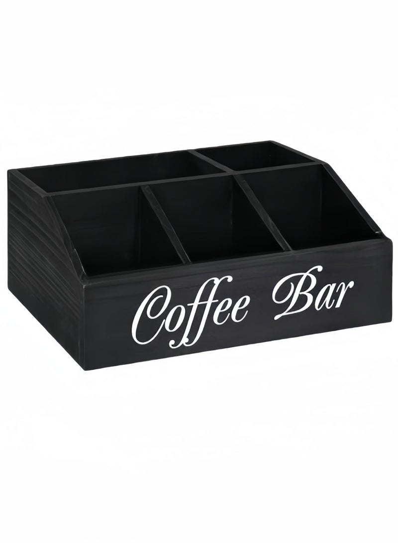 nihao Black Coffee Station Organizer for Counter, Wood Coffee Pods Holder Storage Basket, Coffee and Tea Condiment Storage Organizer, Rustic Coffee Bar Decor for Coffee Accessories Organizer - Image 2