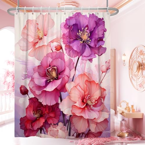 Uiiooazy Pink Shower Curtain for Bathroom Rose Pink Floral Shower Curtain Set with Hooks Abstract Purple Pink Flowers Bathtub Decor Waterproof Fabric Curtains 72x72inches - Image 2
