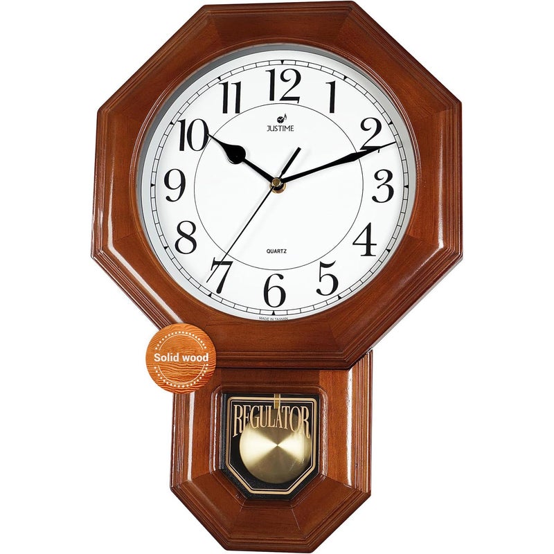 JUSTIME Traditional Schoolhouse Solid Wood Pendulum Wall Clock Chimes Hourly with Westminster Melody Chime Made in Taiwan Dark Wood wWestminster Chime