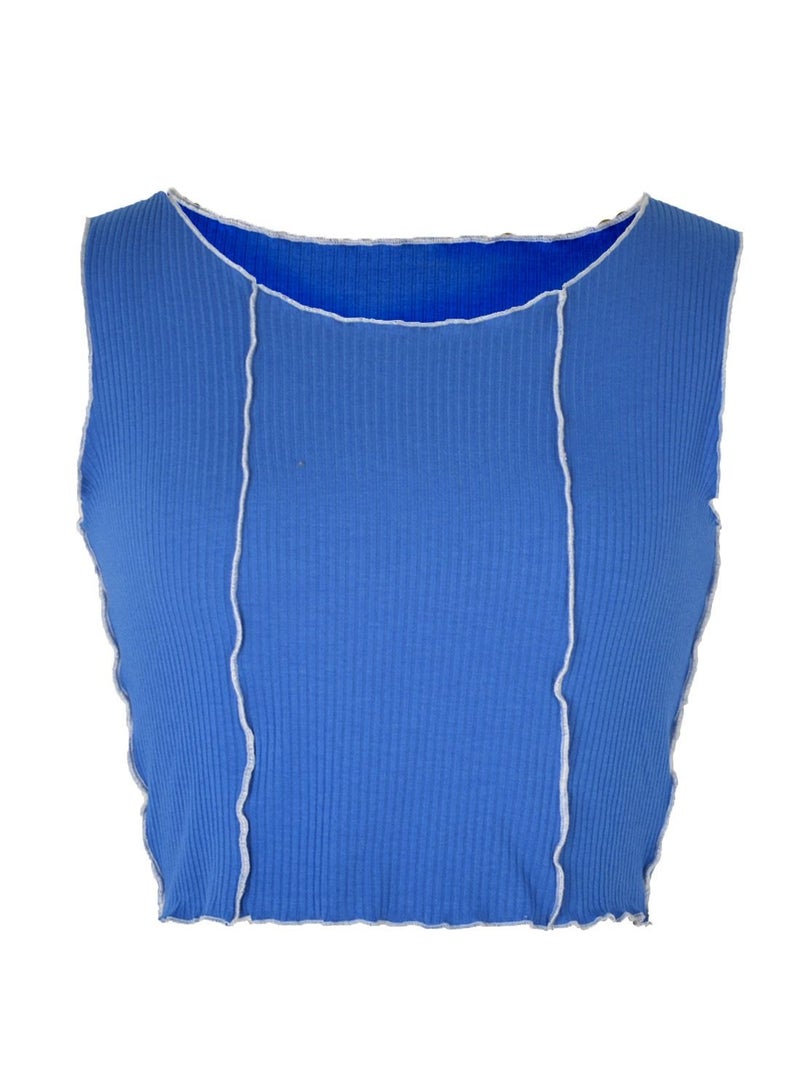 Loquat Women's Fashion Simple Summer Stitching Round Neck Slim Short Vest