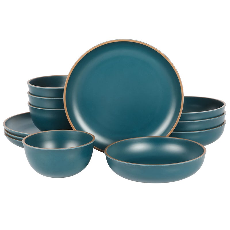 Gibson Home Rockabye 12 Piece Double Bowl Melamine Plastic Dinnerware Set  Matte Teal