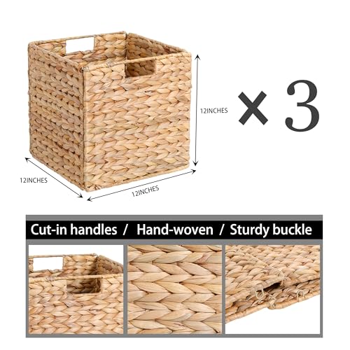 DINGTAI 12 x 12 x 12in Water Hyacinth Storage Baskets, Wicker Storage Baskets for Shelves, Foldable Square Bins for IKEA Kallax Set of 3, Large Cubby Rattan Basket, Wicker Basket for Organizing - Image 4