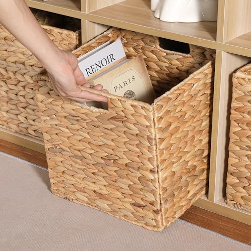 DINGTAI 12 x 12 x 12in Water Hyacinth Storage Baskets, Wicker Storage Baskets for Shelves, Foldable Square Bins for IKEA Kallax Set of 3, Large Cubby Rattan Basket, Wicker Basket for Organizing - Image 3