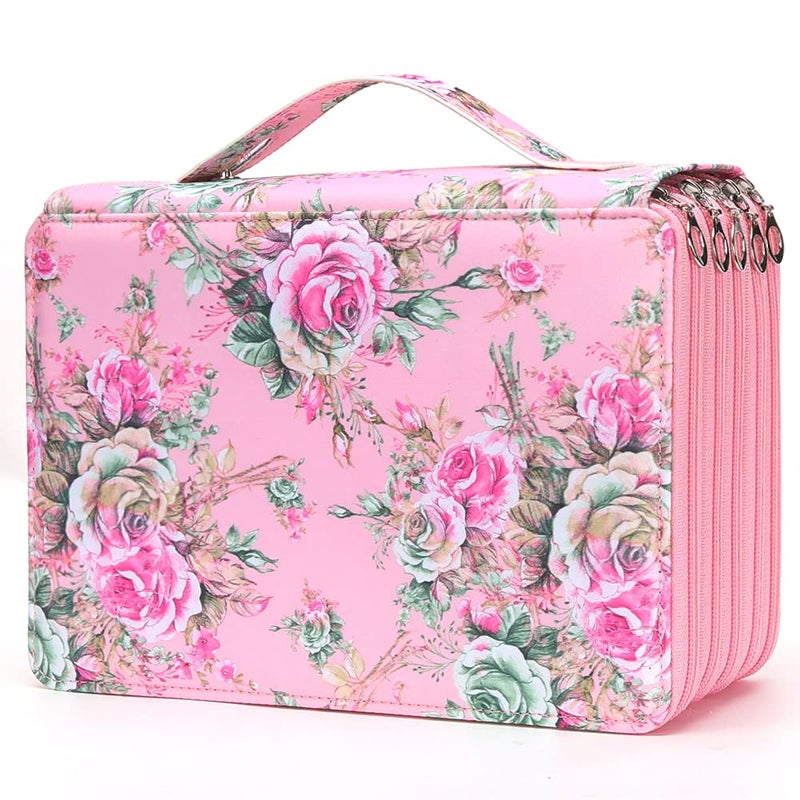 Vomgomfom 252 Slots Pencil Bag 5Layer Zipper Art Supply Organizer PU Leather Portable Colored Pencil Case with Handle for 252 Watercolor Pens Gel Pens Pink Rose - Image 2
