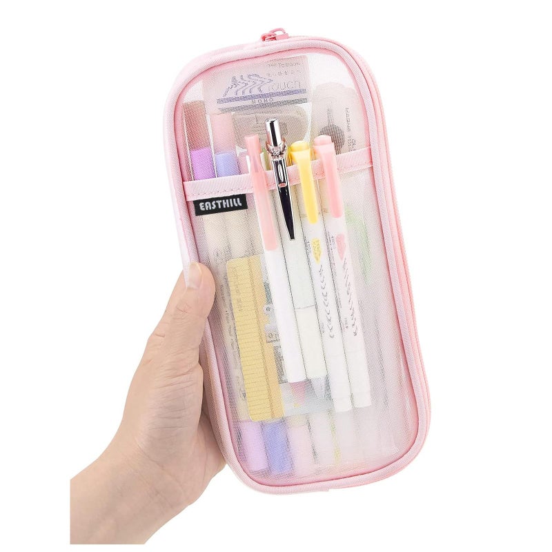 EASTHILL Grid Mesh Pen Pencil Case with Zipper Clear Makeup Color Pouch Cosmetics Bag MultiPurpose Travel School Teen Girls and Boys Transparent Stationary Bag Office Organizer Box for AdlutsPink