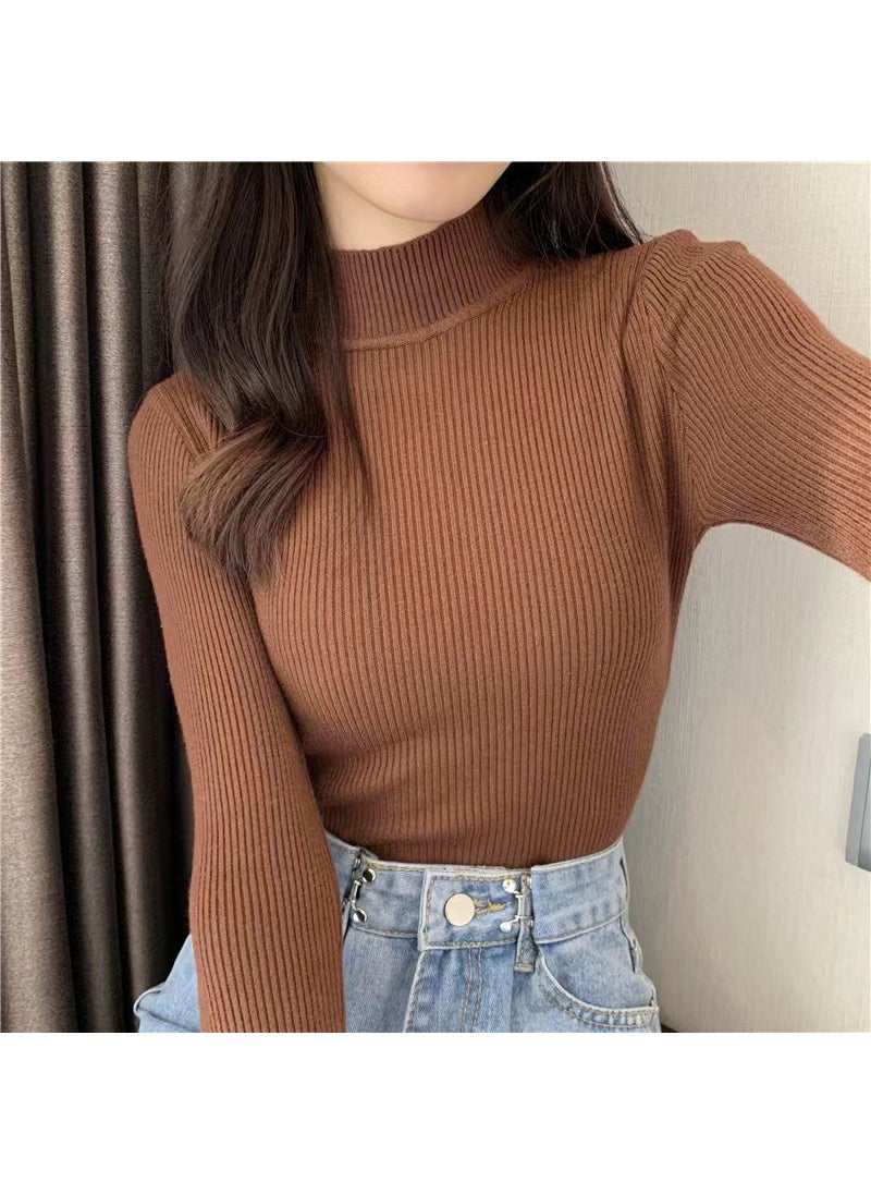 Generic Womens Inner Autumn/Winter Versatile Long Sleeve Pullover SweaterKnitted TopBlack Half Polo/Turtle Neck Base Layer Top Warm Brown 