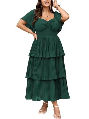 SCOMCHIC Women's Plus Size Formal Wedding Guest Evening Party Dress Short Sleeve Pleated Tiered Chiffon Bridesmaid Dresses Emerald Green - Image 1