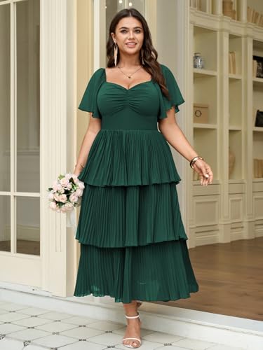 SCOMCHIC Women's Plus Size Formal Wedding Guest Evening Party Dress Short Sleeve Pleated Tiered Chiffon Bridesmaid Dresses Emerald Green - Image 2