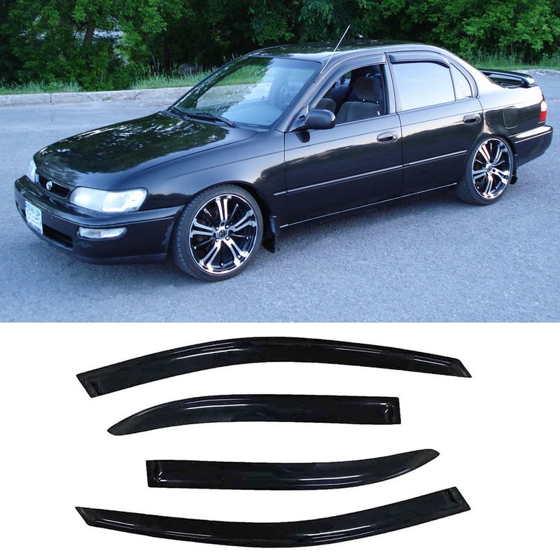 Kucaruce Sun Rain Guards Window Visors Wind Vent Deflector4pcs OutChannel Tape On Dark Smoke Sun rain Guards fit for 19931997 Toyota Corolla Sedan 94022