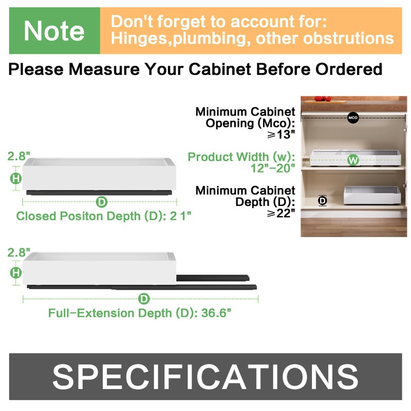 QUYUWU Pull out Cabinet Organizer,Extendable (12"-20") Heavy-Duty Pull-Out Drawers â€“ Secured with Nano Adhesive Tape, Ideal for Cookware Storage, for Kitchen Base Cabinets (21" Dx12-20" W(1 Pack)) - Image 2