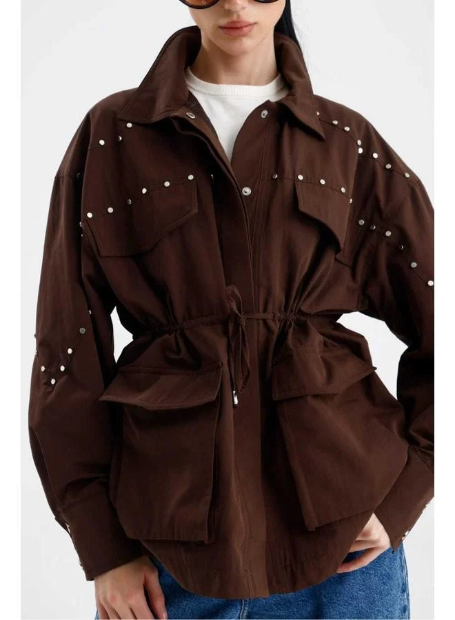 GACACOLLECTION PATARA Stud-Embroidered Waist-Ruched Short Trench Coat.