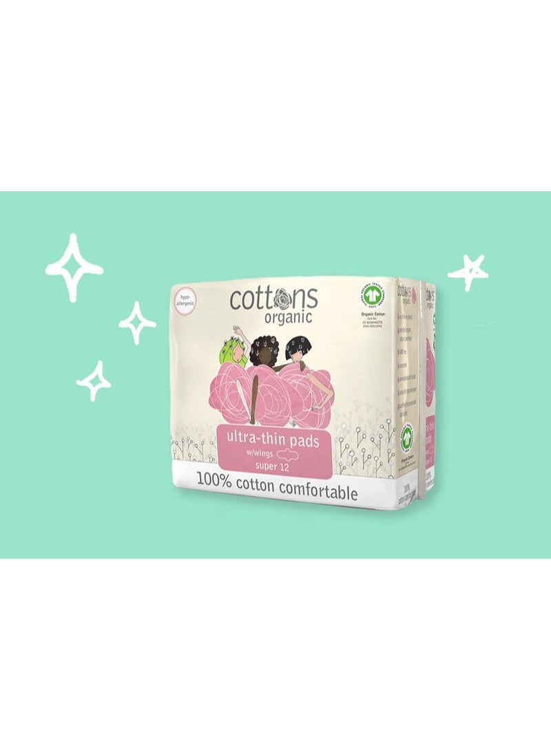 Cottons Organic Super Ultra-Thin Pads with Wings - 12 Pads - Image 1