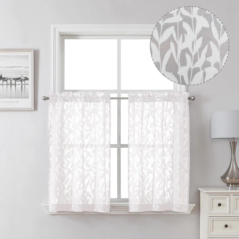 Lecloud Leia 36 Inch White Sheer Curtains Tiers 2 Pieces, Airy & Breathable Jacquard Texture Kitchen/Bedroom/Livng Room Curtain Small Window, Farmhouse Leaves Voile Drapes Dual Rod Pocket, 38W x 36L - Image 1