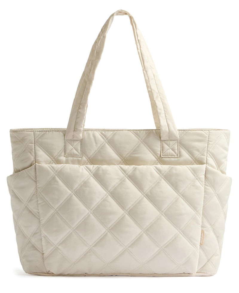 Uselike Tote Bag for Women, Lightweight Puffer Tote Work Bags with Compartments for Travel, Quilted Shoulder Bag with Zipper (Beige) - Image 1