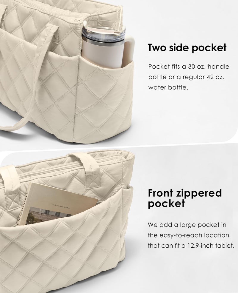 Uselike Tote Bag for Women, Lightweight Puffer Tote Work Bags with Compartments for Travel, Quilted Shoulder Bag with Zipper (Beige) - Image 3