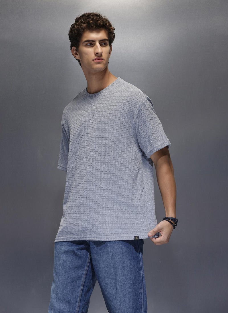 Wrogn Men's Textured Oversized T-shirt  |  Blue - Image 4