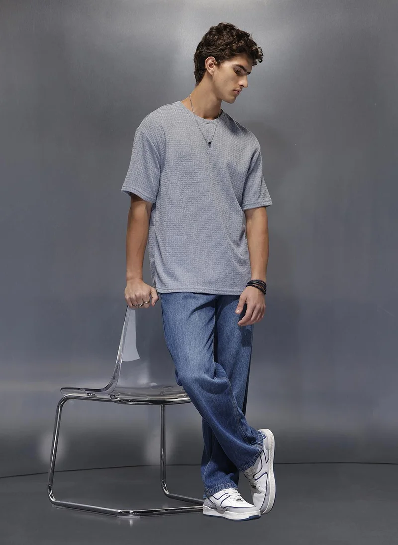 روجن Men's Textured Oversized T-shirt  |  Blue