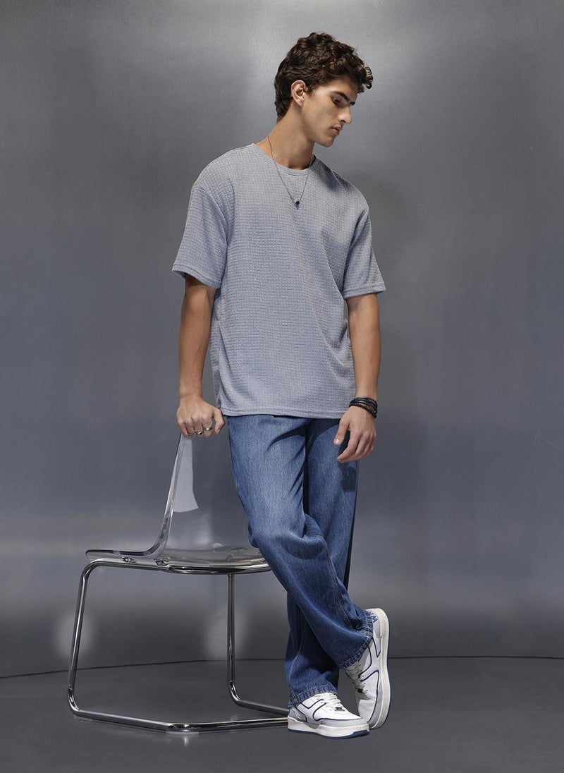 Wrogn Men's Textured Oversized T-shirt  |  Blue - Image 2