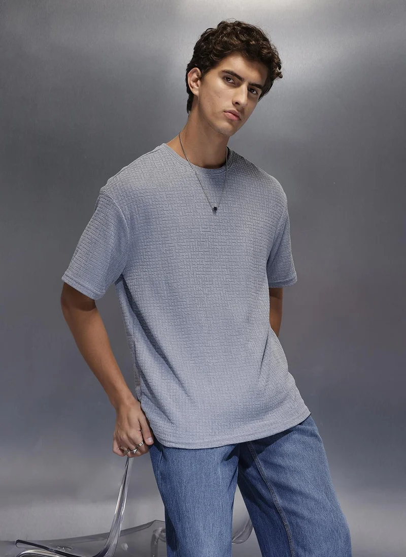 روجن Men's Textured Oversized T-shirt  |  Blue