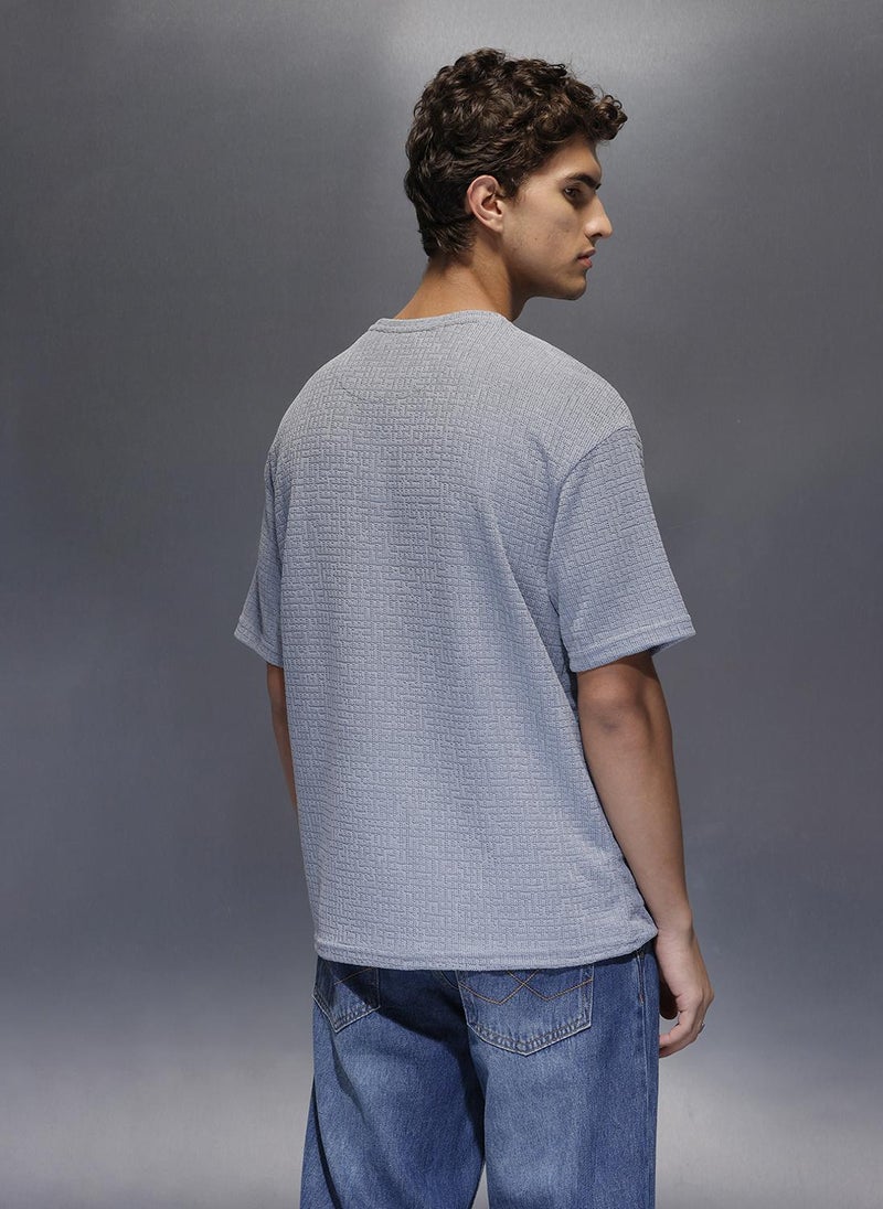Wrogn Men's Textured Oversized T-shirt  |  Blue - Image 3
