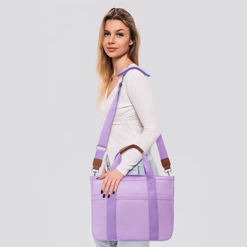 KKXIU Canvas Tote Bag for Women with Zipper and Compartments Crossbody Large Bible Messenger Purse Bag With Pockets - Purple - Image 2