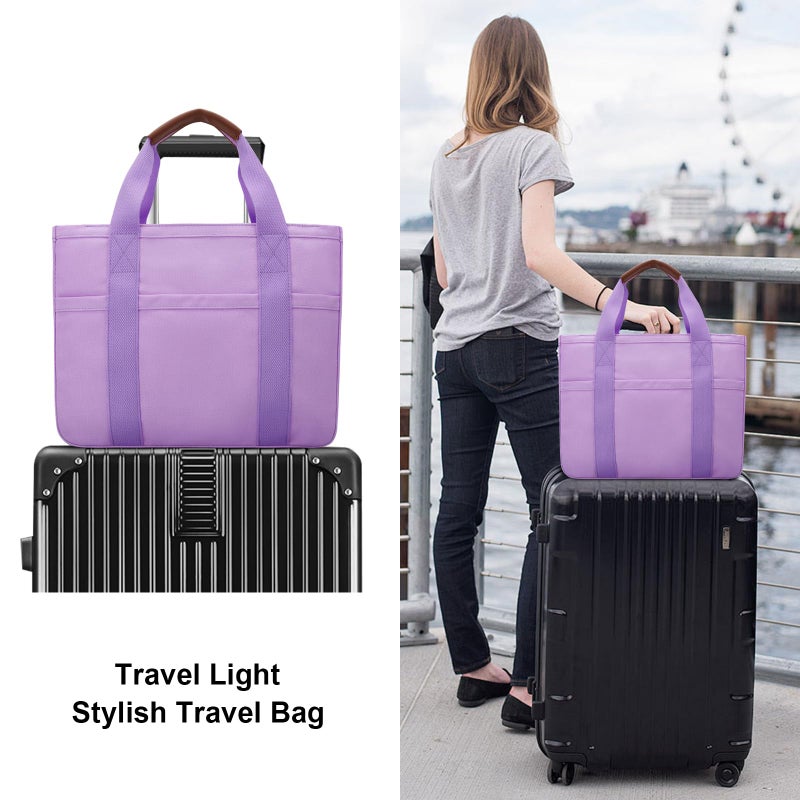KKXIU Canvas Tote Bag for Women with Zipper and Compartments Crossbody Large Bible Messenger Purse Bag With Pockets - Purple - Image 4