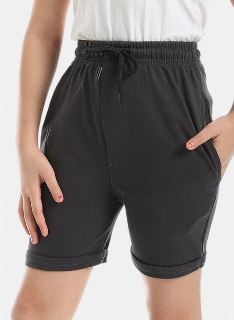Dark Grey Short With Elastic Waist And Drawstrings_Dark Grey