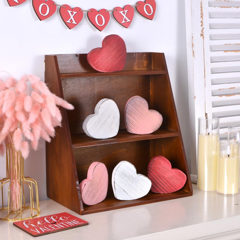 GHOSTMAGIC Valetineâ€™s Day Table Decor Set, 6pcs Solid Wood Heart Valentine's Decorations in White Pink Red, Rustic Wooden Heart Valentine Table Decorations for Home Tiered Tray (3 colors) - Image 3