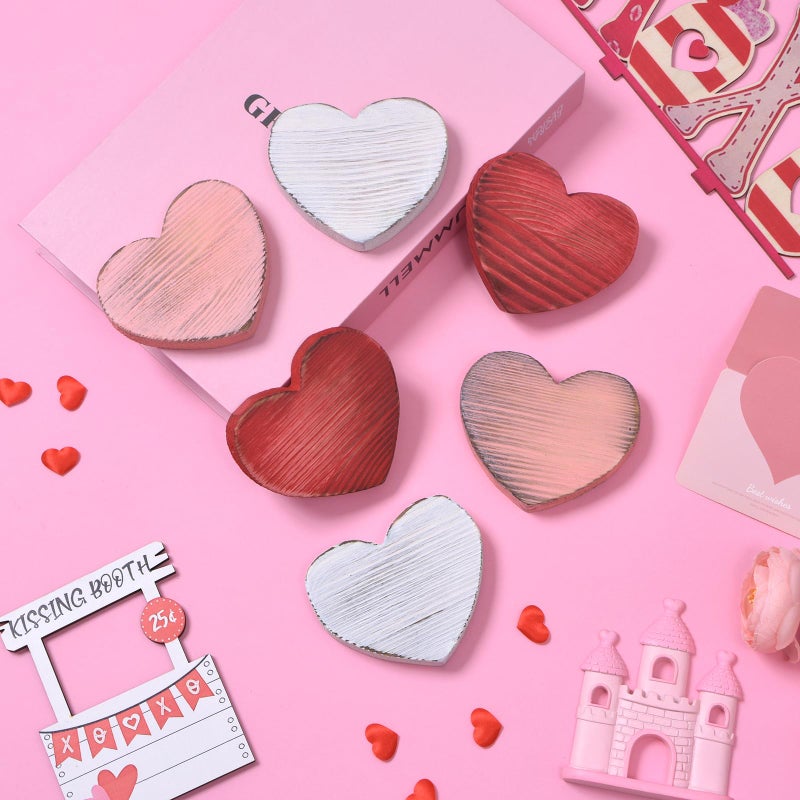 GHOSTMAGIC Valetineâ€™s Day Table Decor Set, 6pcs Solid Wood Heart Valentine's Decorations in White Pink Red, Rustic Wooden Heart Valentine Table Decorations for Home Tiered Tray (3 colors) - Image 5