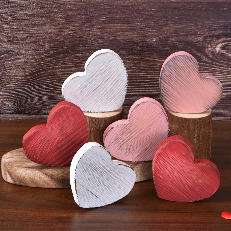 GHOSTMAGIC Valetineâ€™s Day Table Decor Set, 6pcs Solid Wood Heart Valentine's Decorations in White Pink Red, Rustic Wooden Heart Valentine Table Decorations for Home Tiered Tray (3 colors) - Image 1