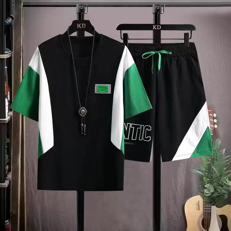 Summer ice silk quick-drying sports suit men's short-sleeved T-shirt five shorts men's youth summer two pieces 1 set of foreign trade - Image 1