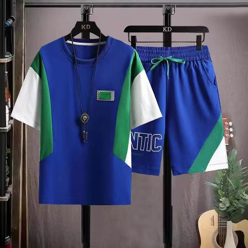 Summer ice silk quick-drying sports suit men's short-sleeved T-shirt five shorts men's youth summer two pieces 1 set of foreign trade - Image 3