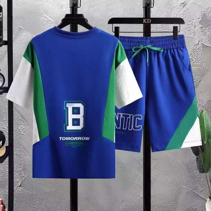 Summer ice silk quick-drying sports suit men's short-sleeved T-shirt five shorts men's youth summer two pieces 1 set of foreign trade - Image 2