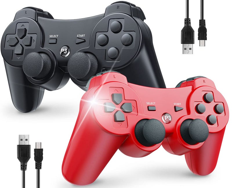 OKHAHA Controller 2 Pack for PS3 Wireless Controller for Sony Playstation 3 Double Shock 3 Bluetooth Rechargeable Motion Sensor Remote for PS3 No StripesBlack Red - Image 2