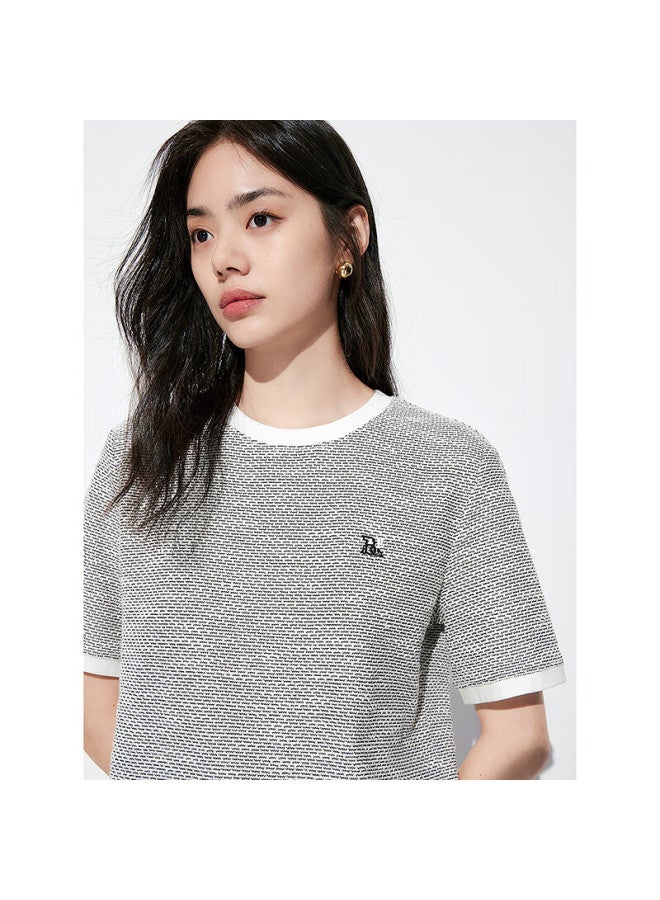 Waxbird Peacebird Women's Short Sleeve T-shirt Summer Straight Loose Round Neck Color Block Knitted Top Black M - Image 4