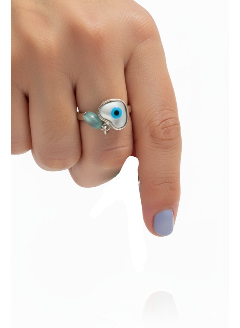 Women silver 925 ring with pearl eye and blue heart adjustable size - Image 2