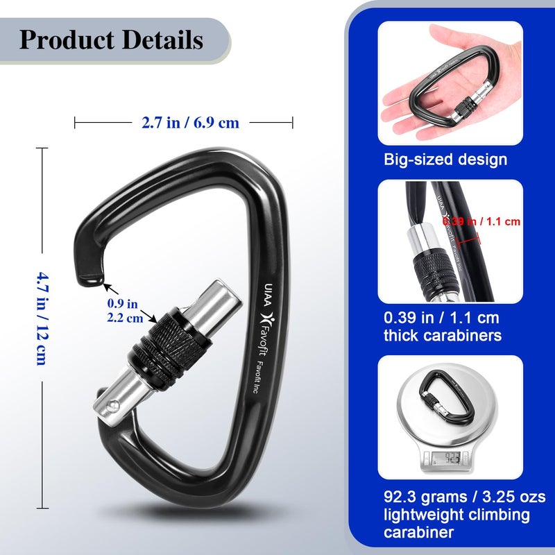Favofit Locking Climbing Carabiner Heavy Duty: Favofit UIAA Certified 42kn (9441 lbs) Safety Caribeaner Clips - Large Screwgate Rock Mountain Caribiniers for Rescue Firefighter  - Image 5
