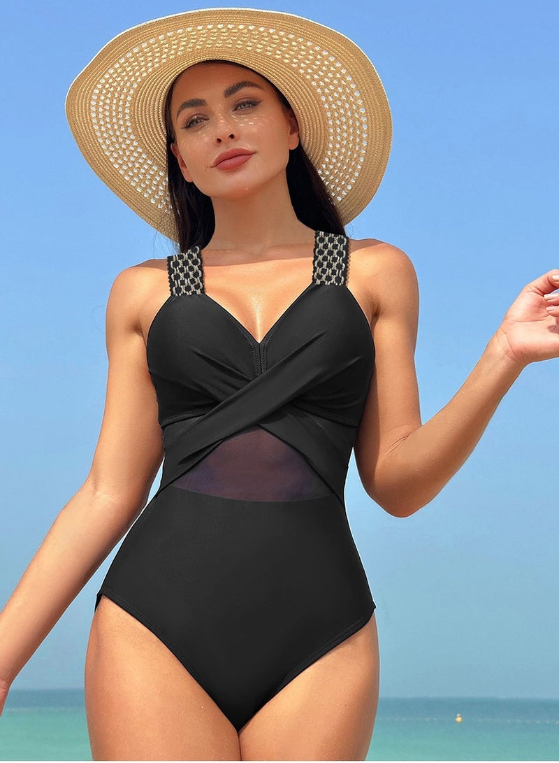 Women's Mesh Stitching One Piece Swimsuit V-Neck Wide Straps Bathing Suits Black  - Image 1