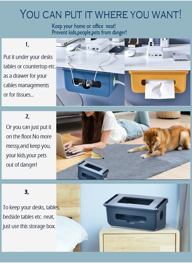 Generic - Under Desk Cable Tidy Box, Hidden Cord Management Drawer Organizer, Table Cable Raceway Hider, Power Strip Wire Storage, Self adhesive for Home Office, Large Blue - Image 1