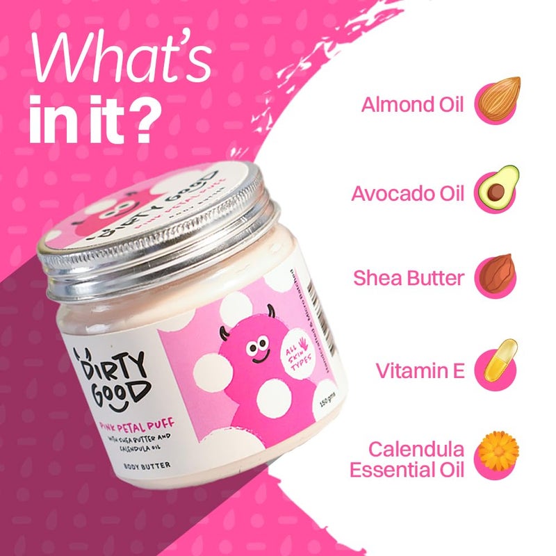 Dirty Good Pink Petal Puff Body Cream 150g Pack Of 1 Body Butter with Shea Butter Almond Avocado OilCalendula OilRenewing Smoothing Scented Body Cream Deep Hydration For Dry Skin Repair - Image 4