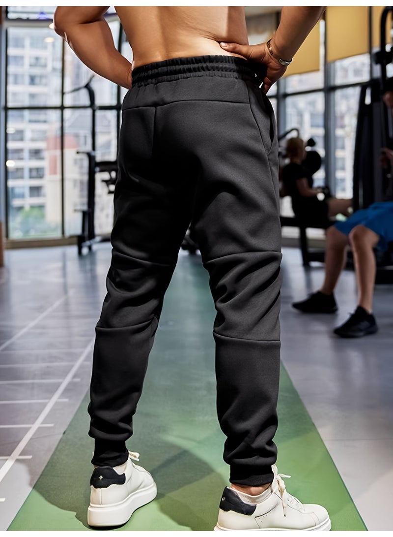 بنطال رياضي رجالي أسود اللون بأجزاء مضلعة ورباط على الخصر وبنطال رياضي غير رسمي ضيق - Image 3